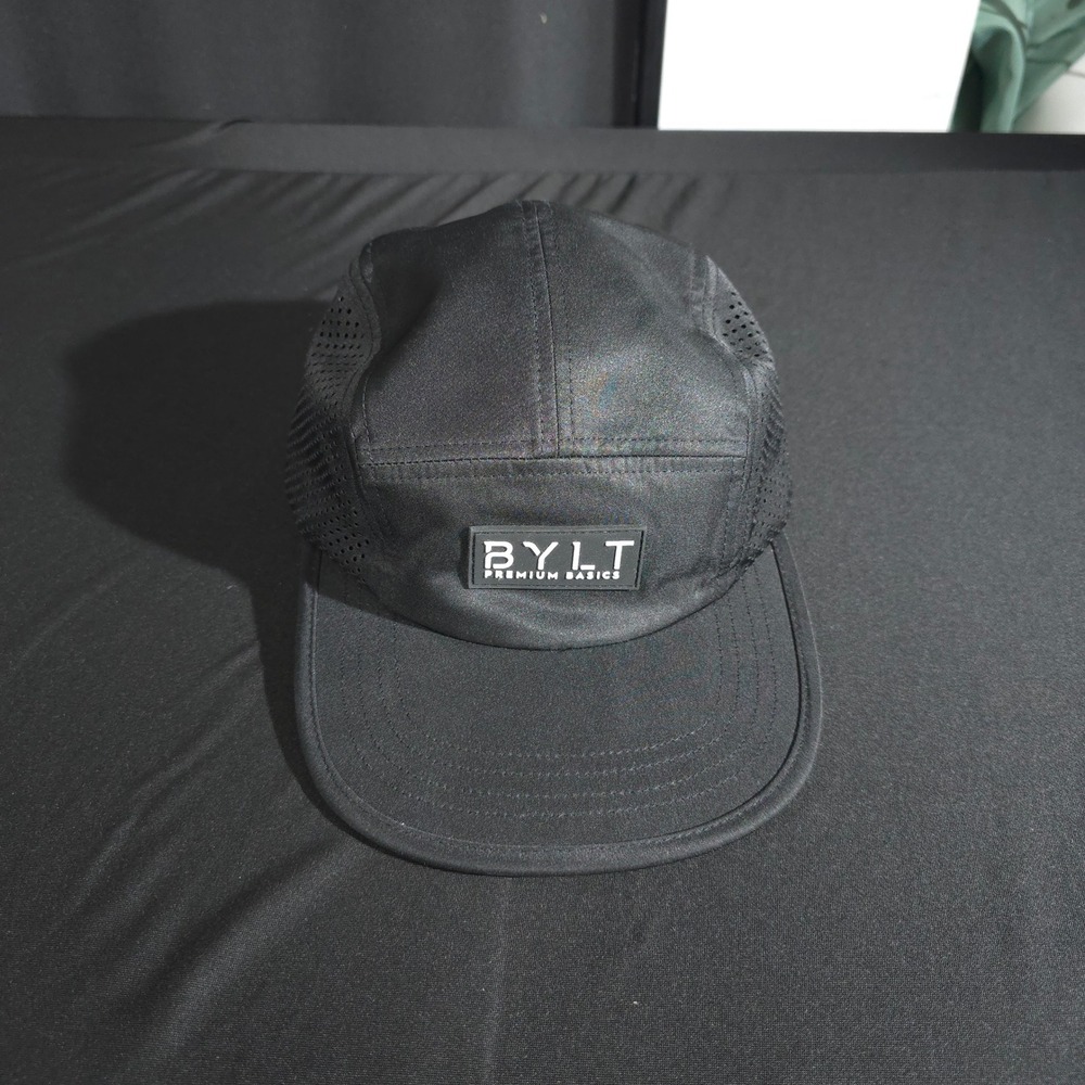BYLT 5-Panel Hat Mens OS Black Perforated Mesh Adjustable Strap Performance Cap